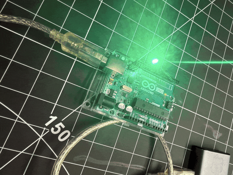 Connecting an external LED to pin 13 and GND. The green LED on the Uno board starts blinking.