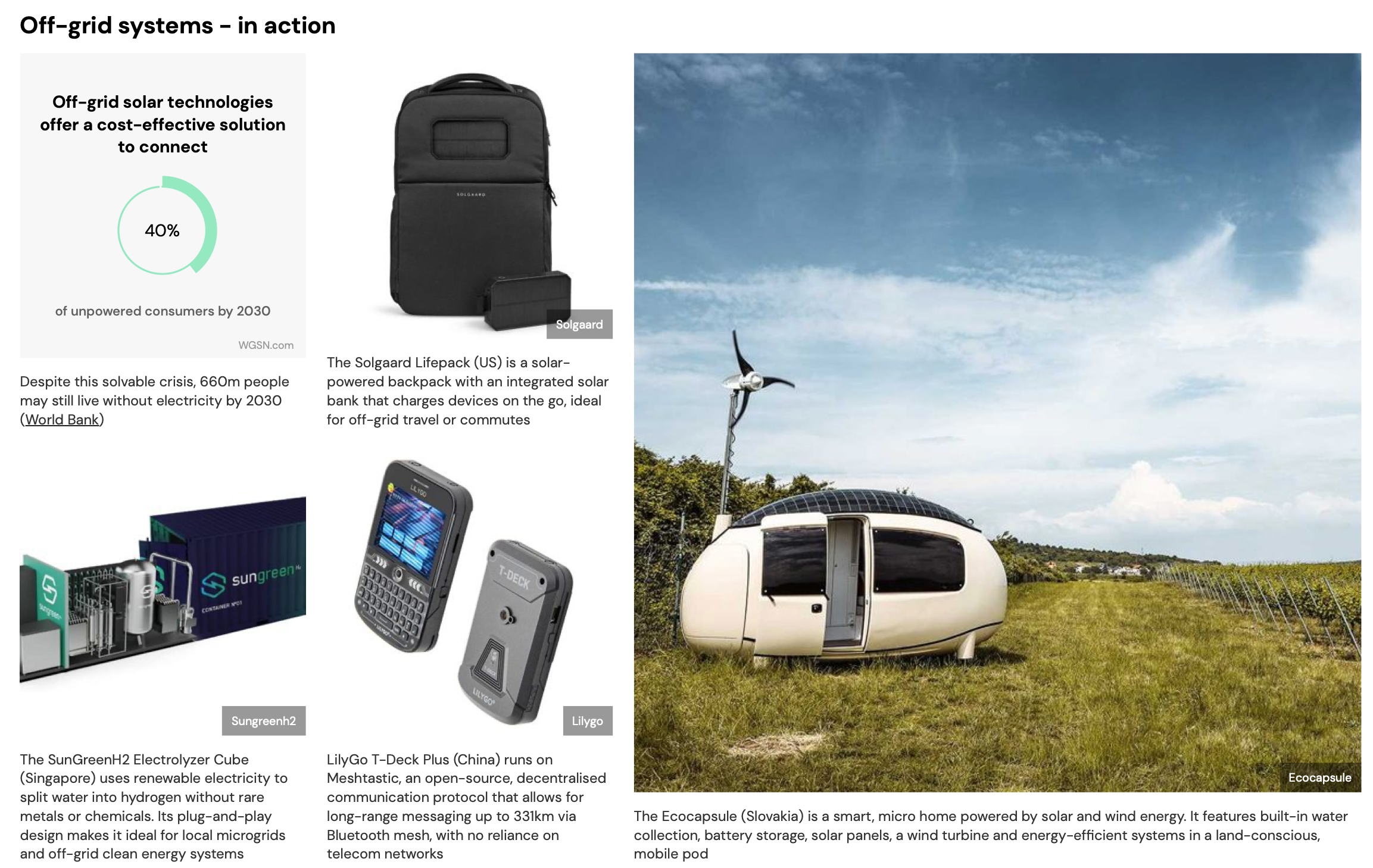 Off-grid systems examples: portable solar, micro-grid and trailer use